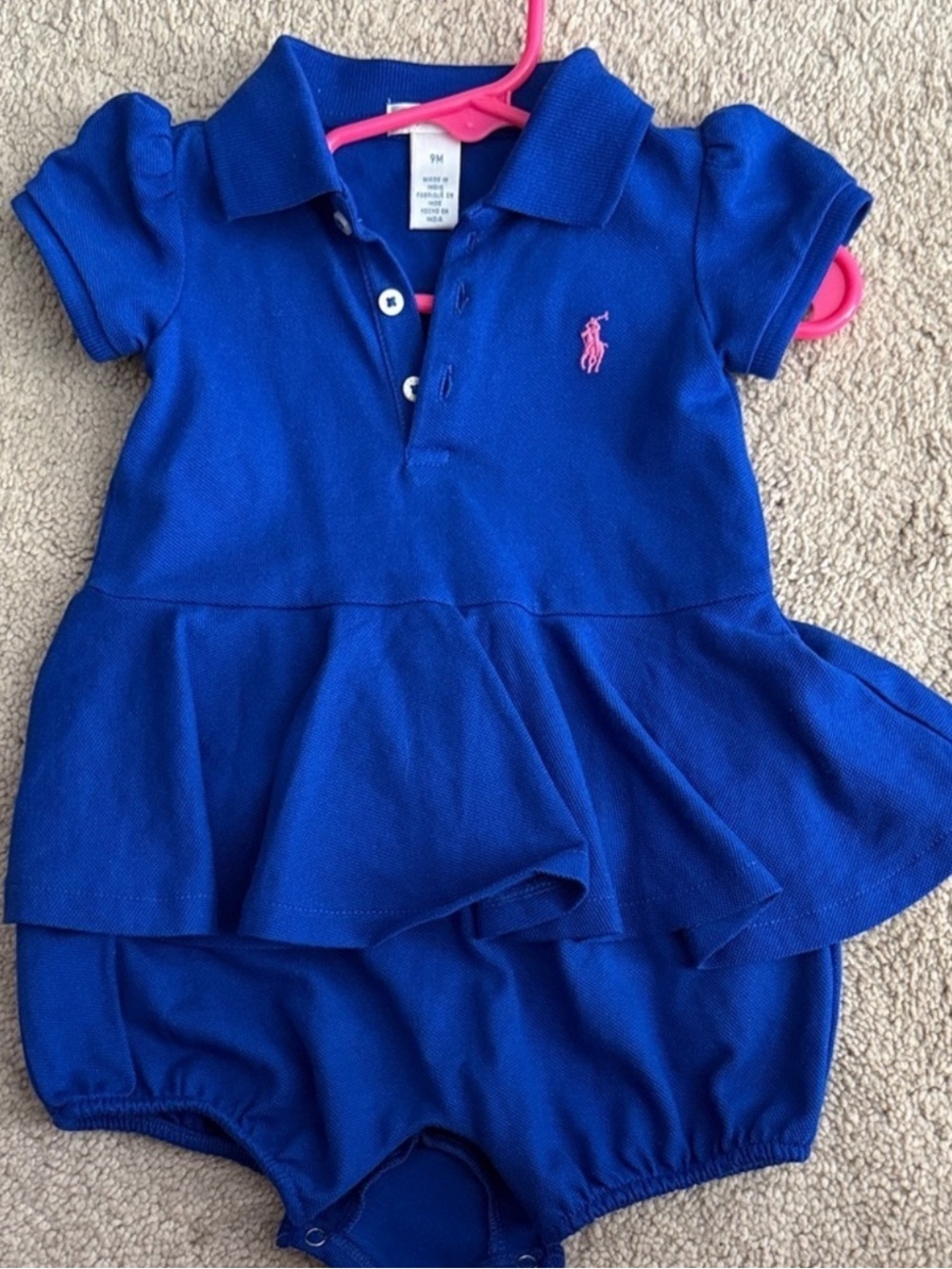Ralph Lauren Blue Polo Peplum Romper with Pink Pony Logo